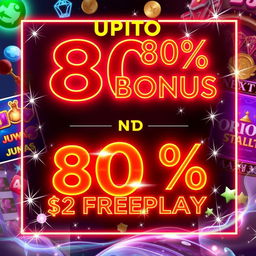 An enticing casino promotion banner featuring a vibrant and eye-catching design, presenting an UPTO 80% bonus and $2 Freeplay prominently