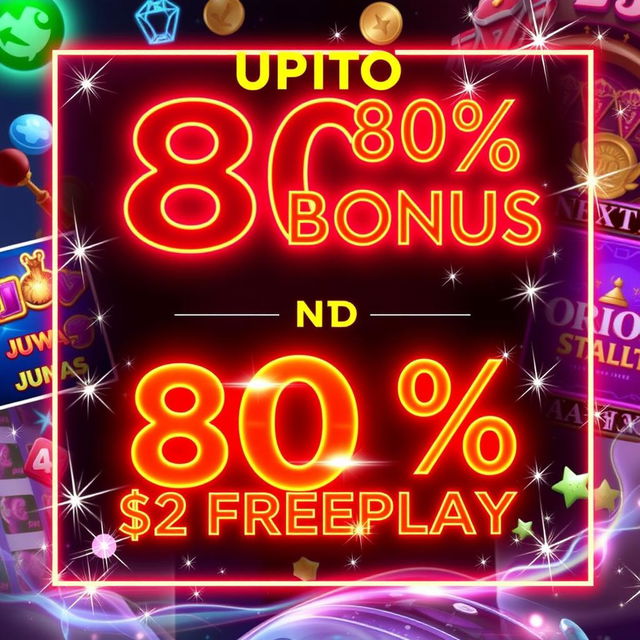 An enticing casino promotion banner featuring a vibrant and eye-catching design, presenting an UPTO 80% bonus and $2 Freeplay prominently