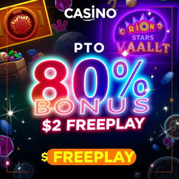 An enticing casino promotion banner featuring a vibrant and eye-catching design, presenting an UPTO 80% bonus and $2 Freeplay prominently