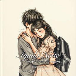 A realistic drawing depicting a teenage boy and a girl embracing lovingly