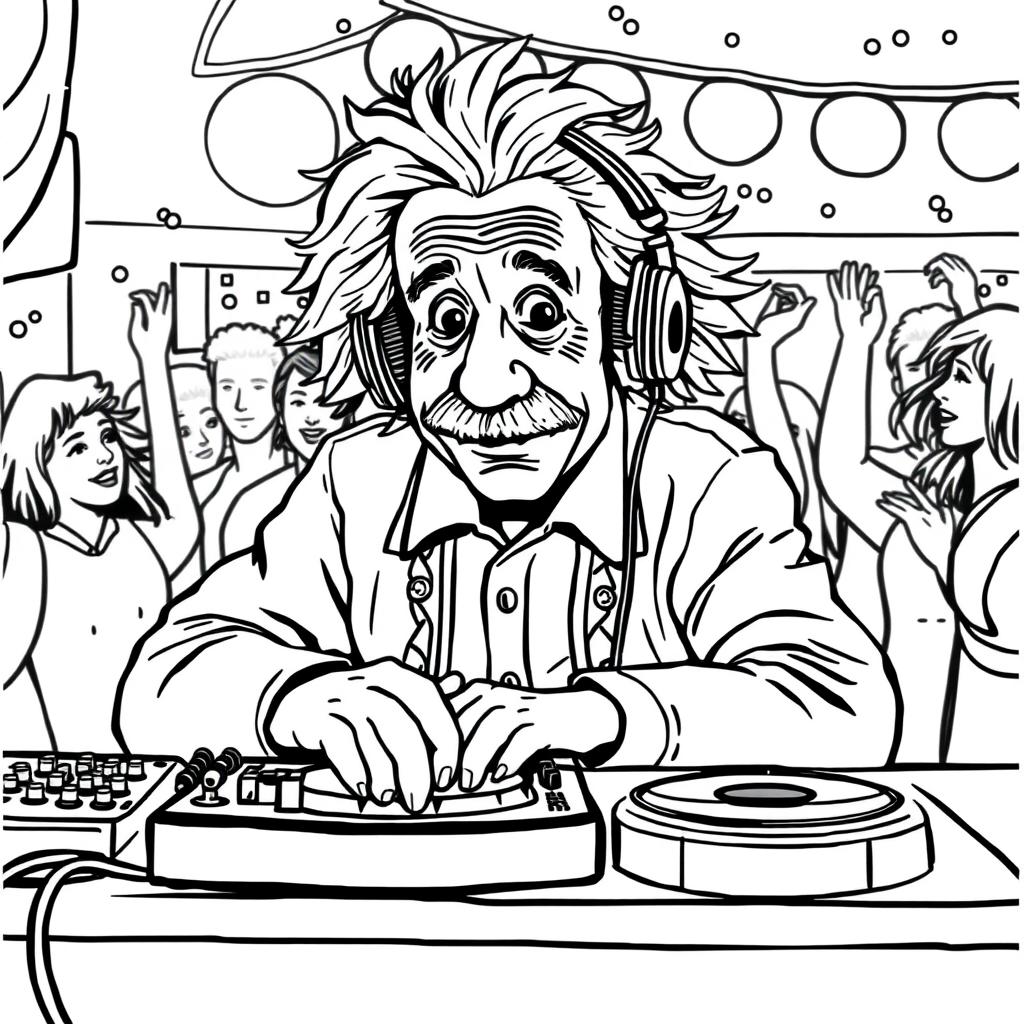 High-quality, detailed coloring book illustration depicting Albert Einstein DJing at a lively party