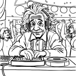 High-quality, detailed coloring book illustration depicting Albert Einstein DJing at a lively party