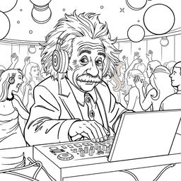 High-quality, detailed coloring book illustration depicting Albert Einstein DJing at a lively party