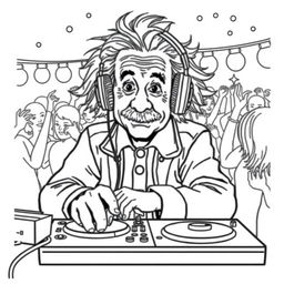 High-quality, detailed coloring book illustration depicting Albert Einstein DJing at a lively party