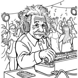 High-quality, detailed coloring book illustration depicting Albert Einstein DJing at a lively party