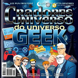 An intriguing magazine cover titled "Criadores do Universo Geek"