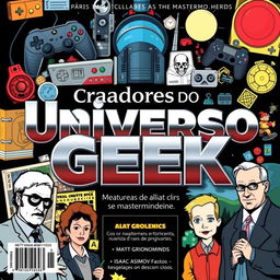 An intriguing magazine cover titled "Criadores do Universo Geek"