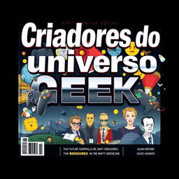 An intriguing magazine cover titled "Criadores do Universo Geek"