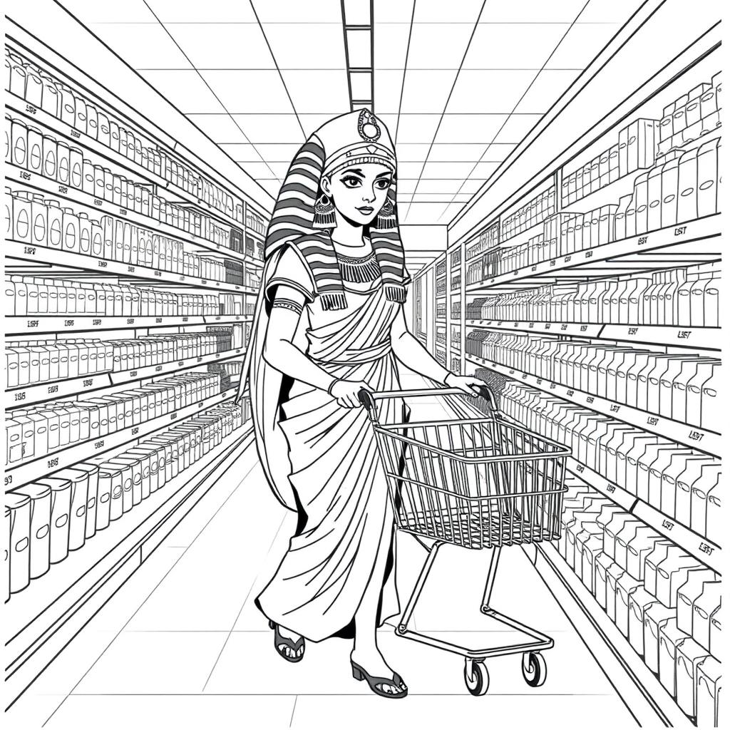 High-quality, detailed coloring book illustration depicting Cleopatra shopping in a modern supermarket