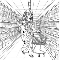 High-quality, detailed coloring book illustration depicting Cleopatra shopping in a modern supermarket