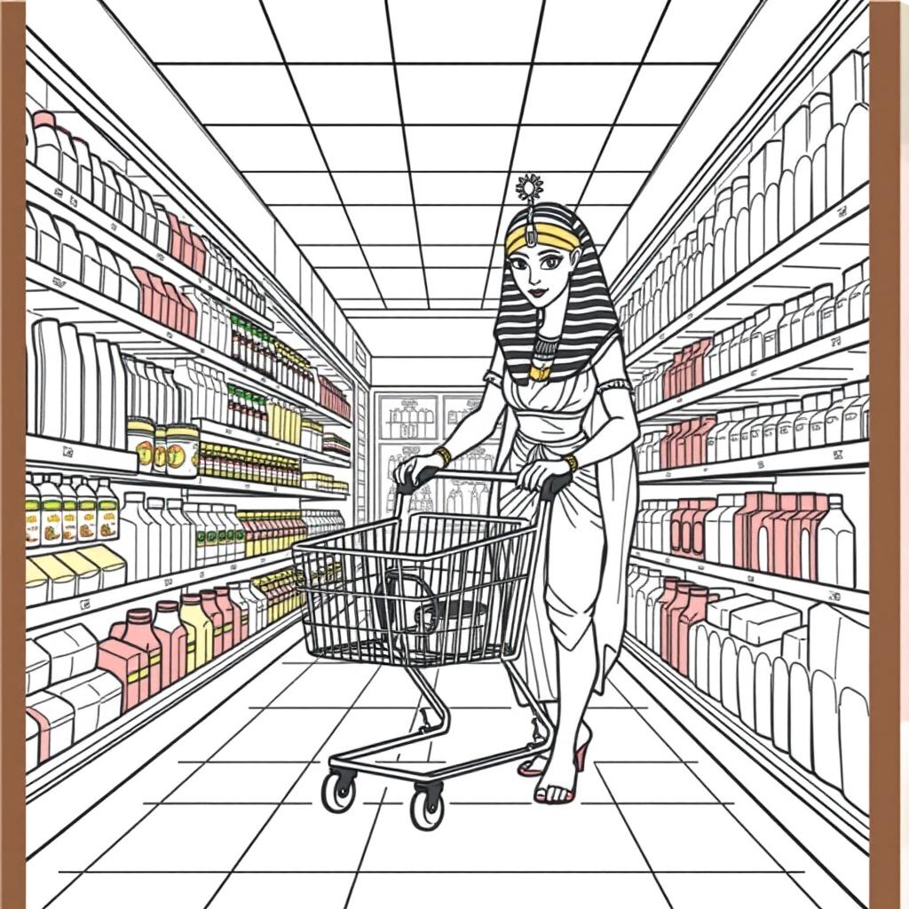 High-quality, detailed coloring book illustration depicting Cleopatra shopping in a modern supermarket