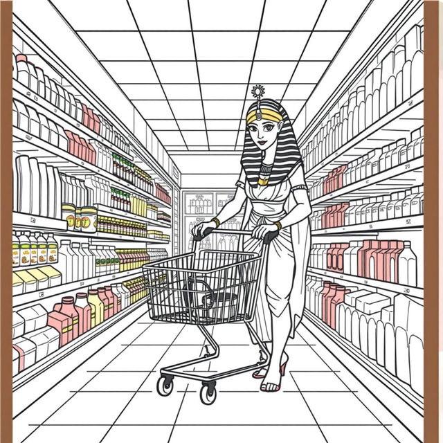 High-quality, detailed coloring book illustration depicting Cleopatra shopping in a modern supermarket