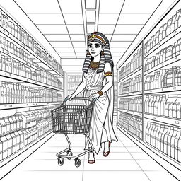 High-quality, detailed coloring book illustration depicting Cleopatra shopping in a modern supermarket