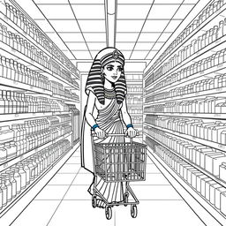 High-quality, detailed coloring book illustration depicting Cleopatra shopping in a modern supermarket