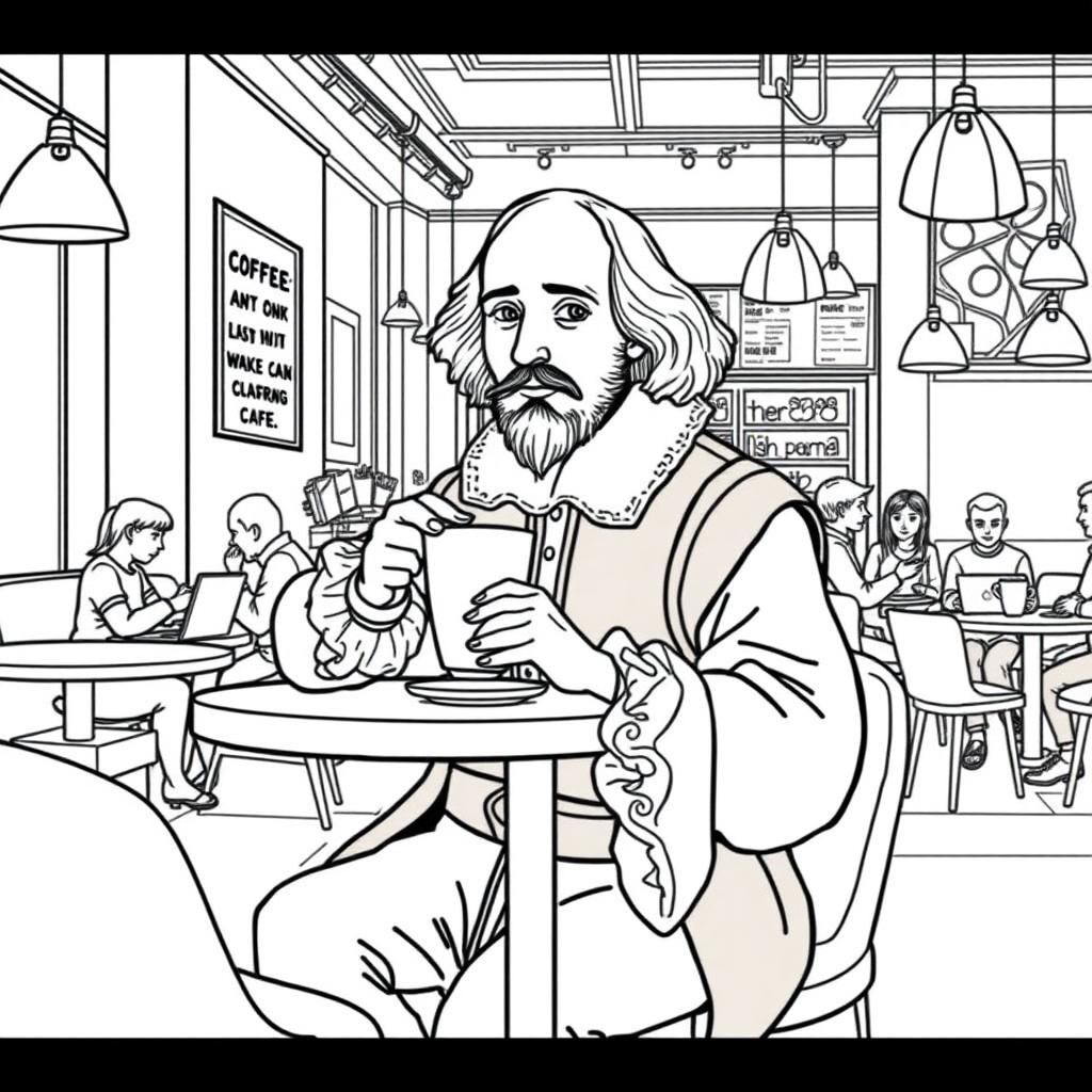 High-quality, detailed coloring book illustration of William Shakespeare having coffee in a modern coffee shop