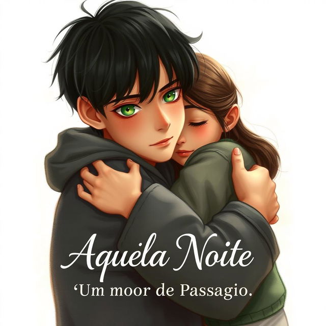 A realistic drawing of a young adult with black hair and green eyes, hugging a girl