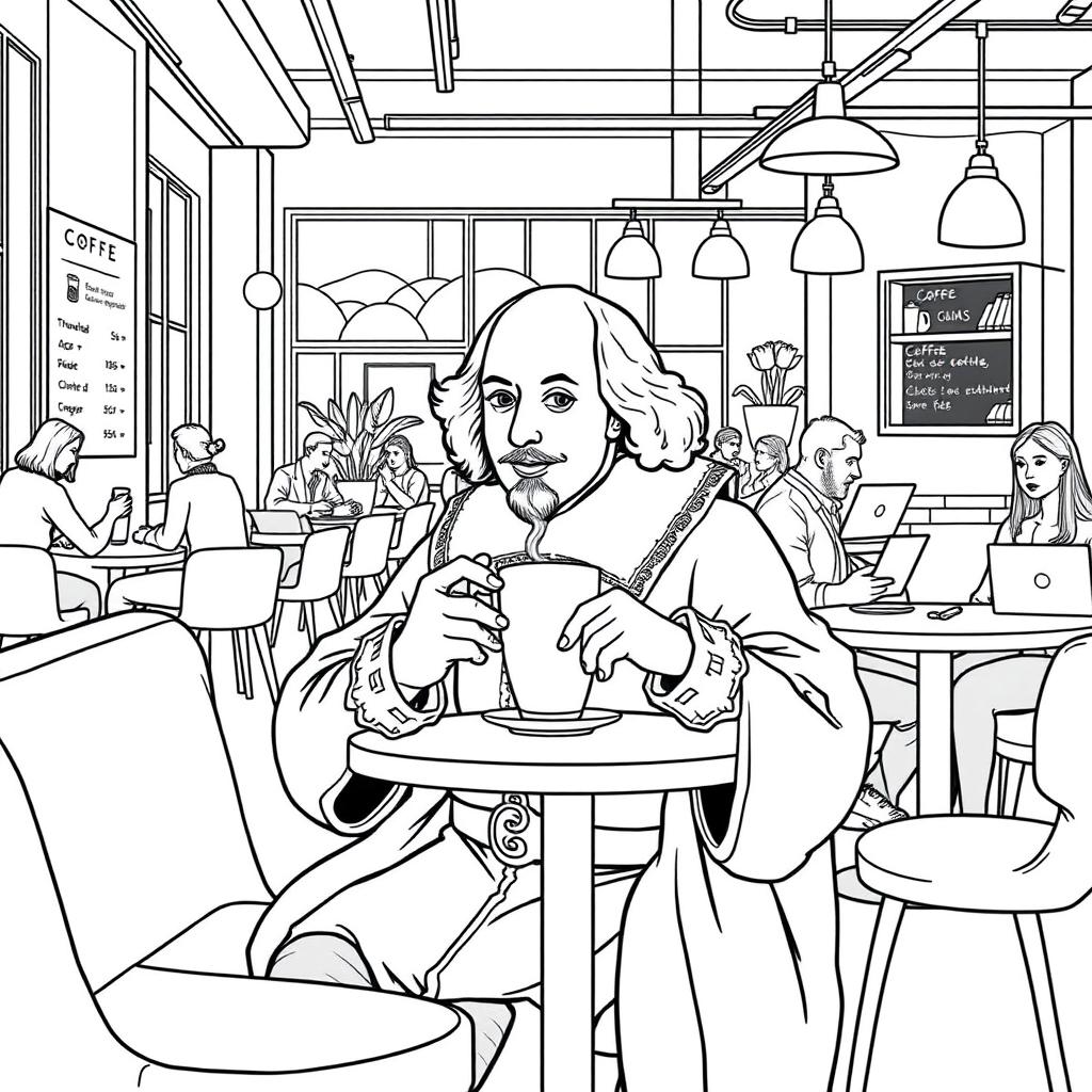 High-quality, detailed coloring book illustration of William Shakespeare having coffee in a modern coffee shop