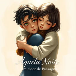 A realistic drawing of a young adult with black hair and green eyes, hugging a girl