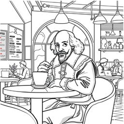 High-quality, detailed coloring book illustration of William Shakespeare having coffee in a modern coffee shop