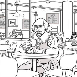 High-quality, detailed coloring book illustration of William Shakespeare having coffee in a modern coffee shop