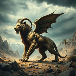 A magnificent chimera, a mythical creature featuring a lion's body, a goat's head protruding from its back, and a serpent's tail