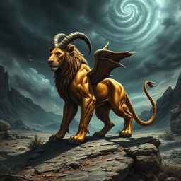 A magnificent chimera, a mythical creature featuring a lion's body, a goat's head protruding from its back, and a serpent's tail