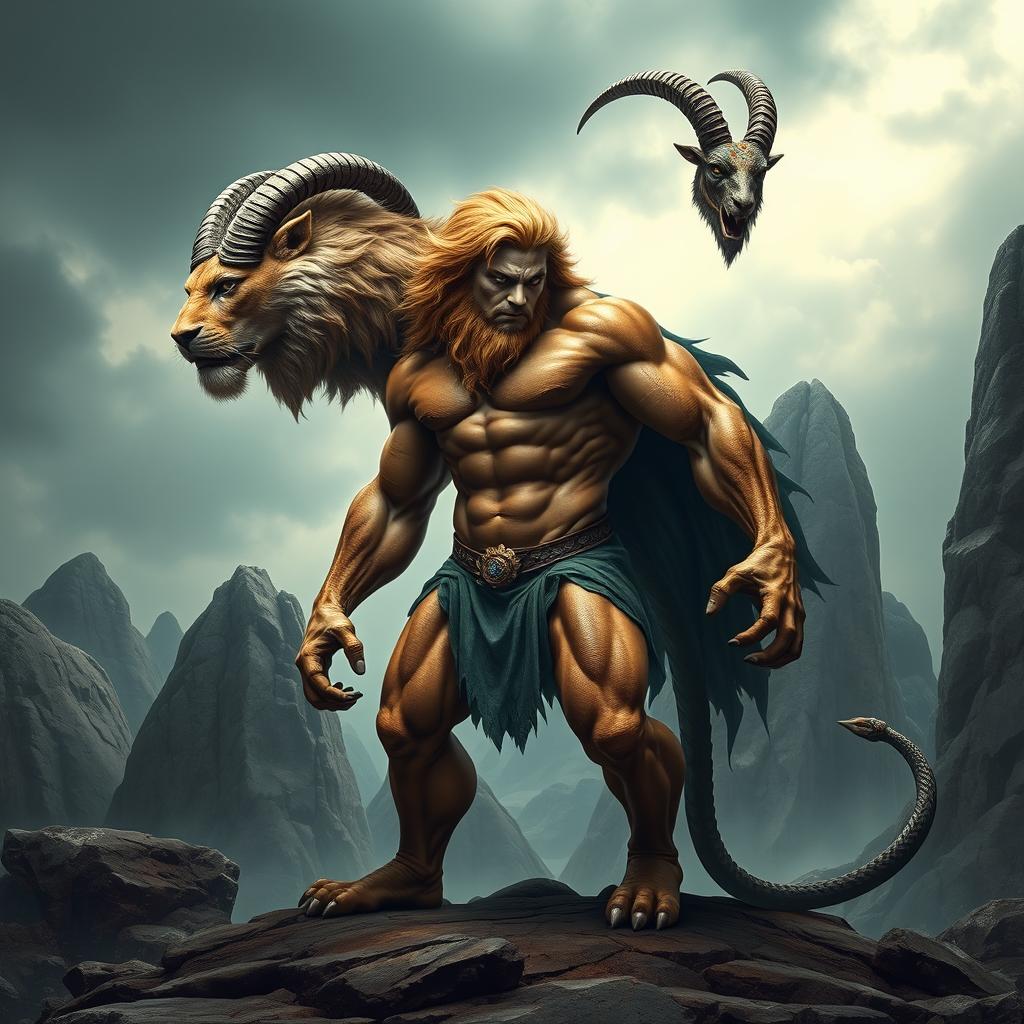 A striking depiction of a chimera-human hybrid, featuring a powerful human body with a lion's head, a goat's head emerging from the shoulder, and a serpentine tail