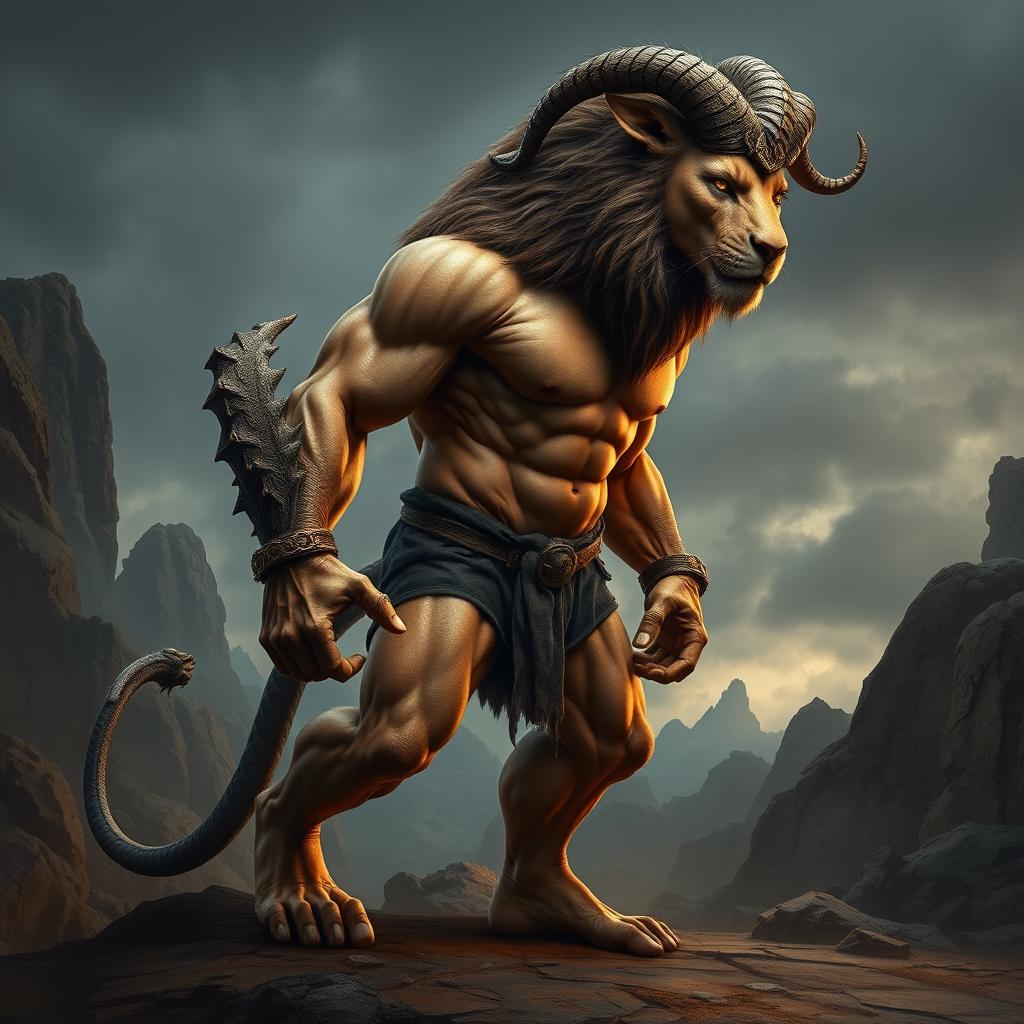 A striking depiction of a chimera-human hybrid, featuring a powerful human body with a lion's head, a goat's head emerging from the shoulder, and a serpentine tail