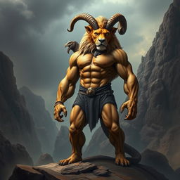 A striking depiction of a chimera-human hybrid, featuring a powerful human body with a lion's head, a goat's head emerging from the shoulder, and a serpentine tail