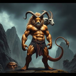 A striking depiction of a chimera-human hybrid, featuring a powerful human body with a lion's head, a goat's head emerging from the shoulder, and a serpentine tail