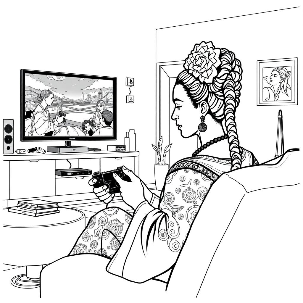 High-quality, detailed coloring book illustration featuring Frida Kahlo playing video games on a PlayStation