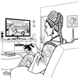 High-quality, detailed coloring book illustration featuring Frida Kahlo playing video games on a PlayStation