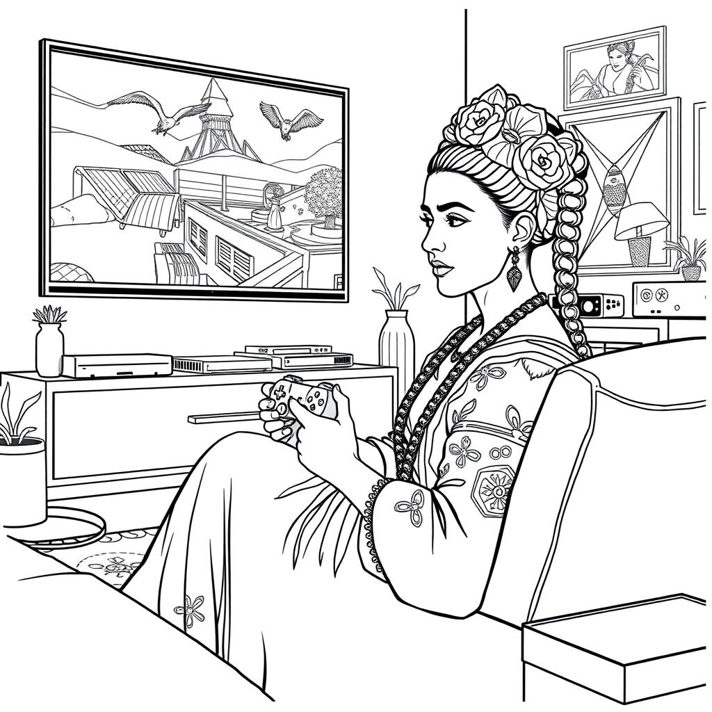 High-quality, detailed coloring book illustration featuring Frida Kahlo playing video games on a PlayStation