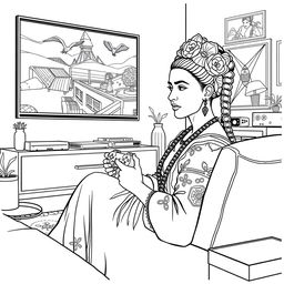 High-quality, detailed coloring book illustration featuring Frida Kahlo playing video games on a PlayStation