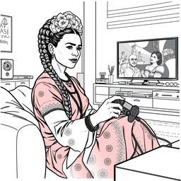 High-quality, detailed coloring book illustration featuring Frida Kahlo playing video games on a PlayStation