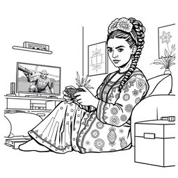 High-quality, detailed coloring book illustration featuring Frida Kahlo playing video games on a PlayStation