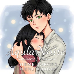 A realistic illustration of a young adult with black hair and light green eyes, embracing a Korean girl