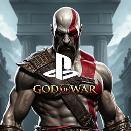 A detailed portrait of Kratos from God of War 3, showcasing his muscular build and iconic red tattoo