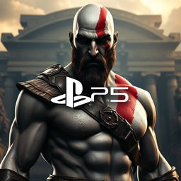 A detailed portrait of Kratos from God of War 3, showcasing his muscular build and iconic red tattoo