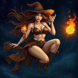 A witch flying on a broomstick, with flowing brunette hair cascading in the wind