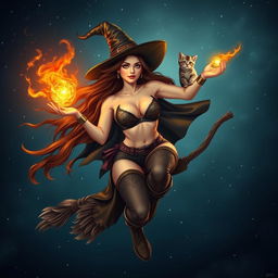 A witch flying on a broomstick, with flowing brunette hair cascading in the wind