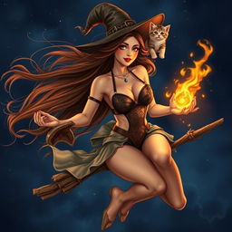 A witch flying on a broomstick, with flowing brunette hair cascading in the wind