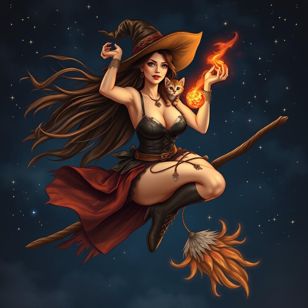 A witch flying on a broomstick, with flowing brunette hair cascading in the wind