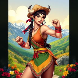 A stylized depiction of Chun-Li from Street Fighter dressed in traditional Chilean attire