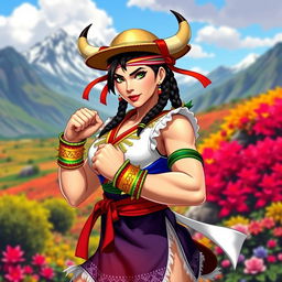 A stylized depiction of Chun-Li from Street Fighter dressed in traditional Chilean attire