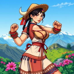 A stylized depiction of Chun-Li from Street Fighter dressed in traditional Chilean attire