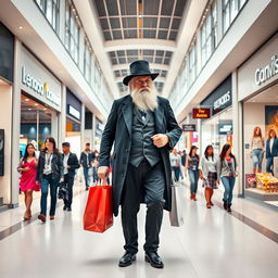 Charles Darwin walking leisurely through a modern indoor shopping mall