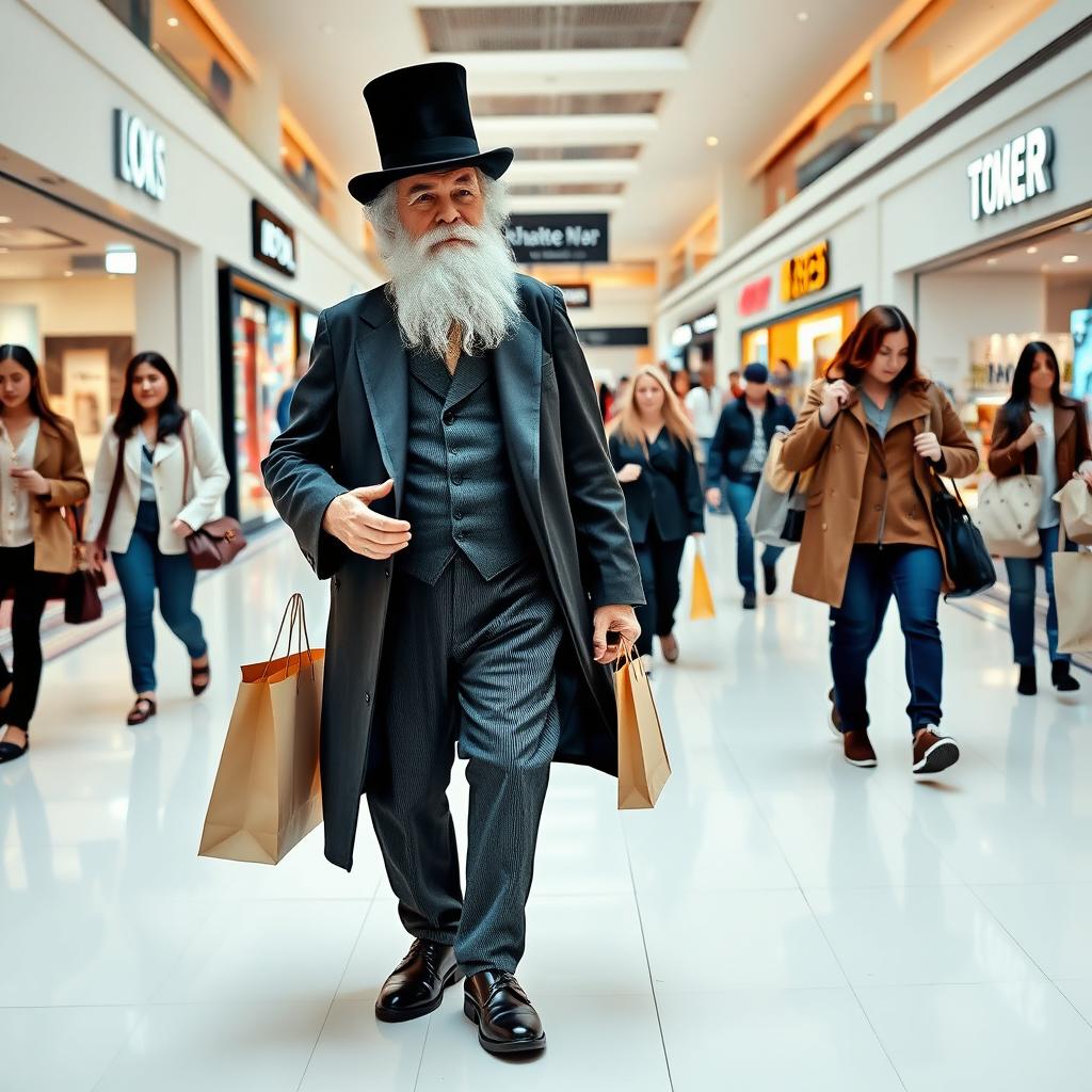 Charles Darwin walking leisurely through a modern indoor shopping mall