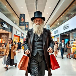 Charles Darwin walking leisurely through a modern indoor shopping mall