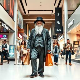 Charles Darwin walking leisurely through a modern indoor shopping mall